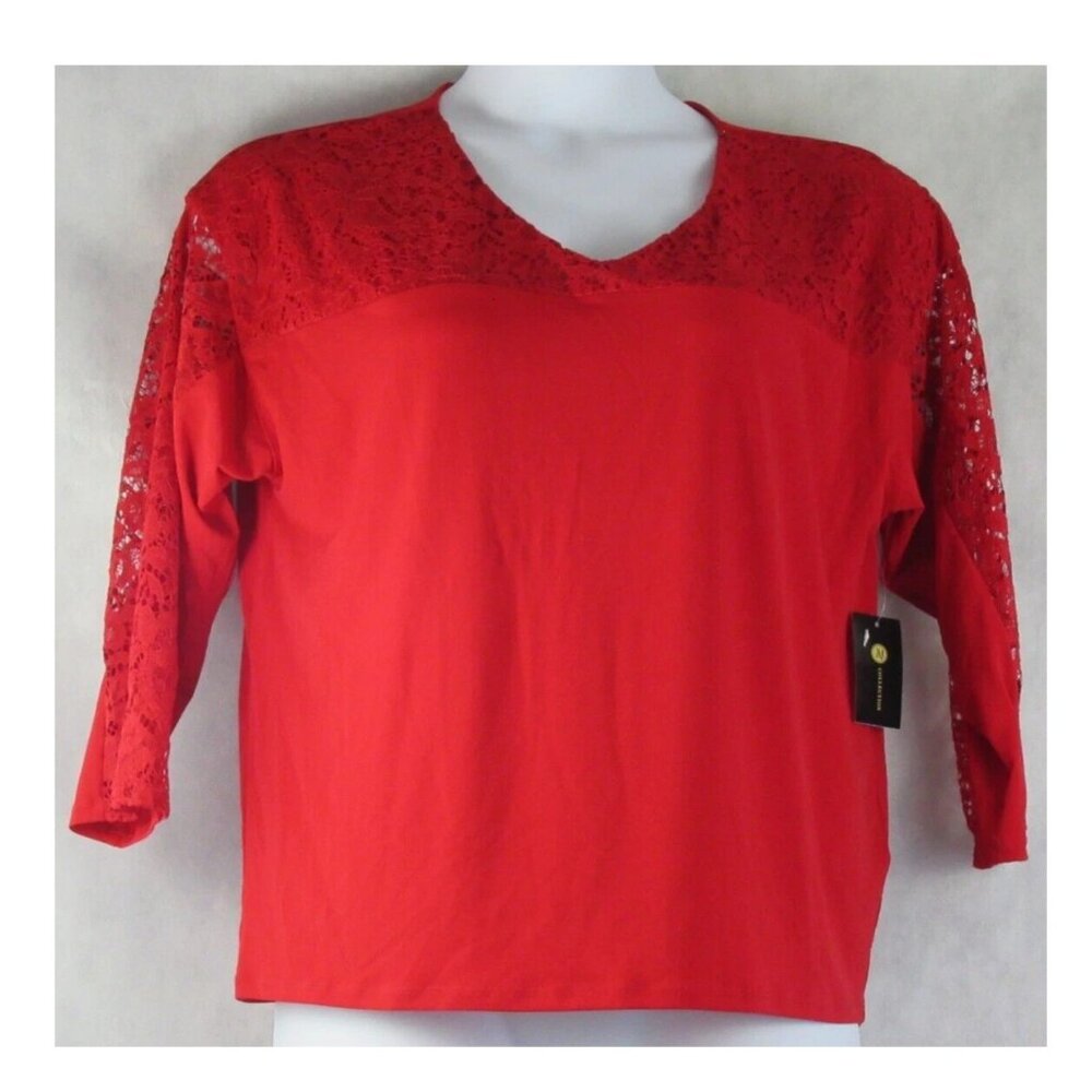 NWT JM Collection Women's Lace Detail 3/4-Sleeve Top, Real Red, Large